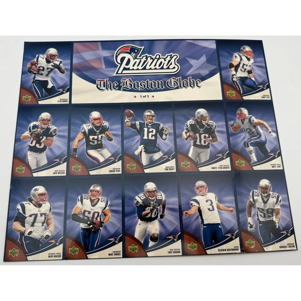 2007 Upper Deck New England Patriots Boston Globe Complete 3 Sheet Set Tom Brady